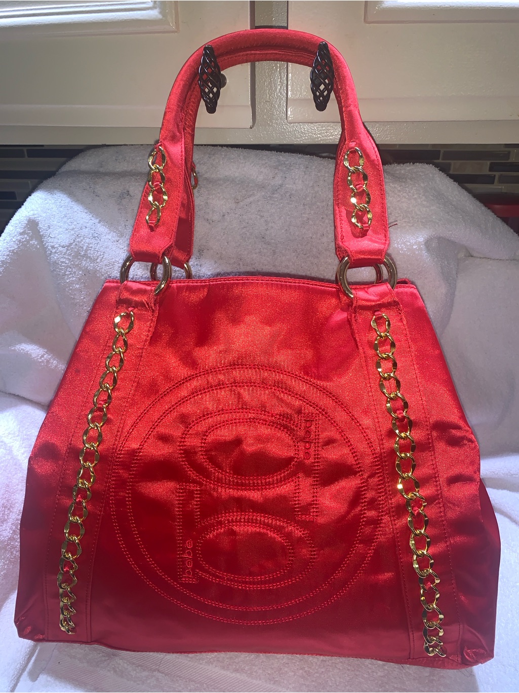 Bebe Red Satin Shoulder Tote With Gold Chain Accents